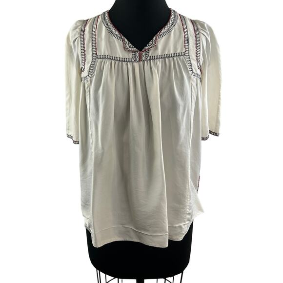 ISABEL MARANT White Silk Short Sleeve Blouse Embroidered Pullover Size 34/4 - Picture 1 of 9